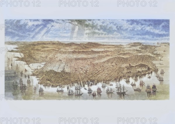 Bird's-eye view of San Francisco, California in 1875, America, digital reproduction from American