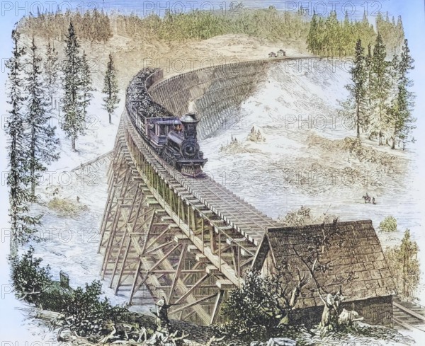 Trestle Bridge of the Central Pacific Railroad in the 1870s, America, digital reproduction from