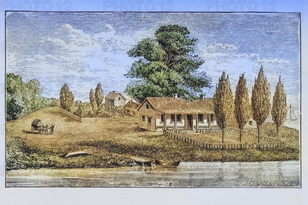 The first house built in Chicago, Illinois, circa 1850, America, digital reproduction from American