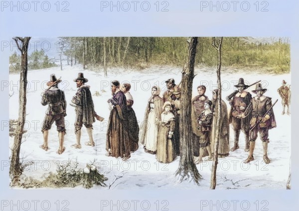 Pilgrim Fathers on their way to church, 1850, America, digital reproduction from American Pictures,