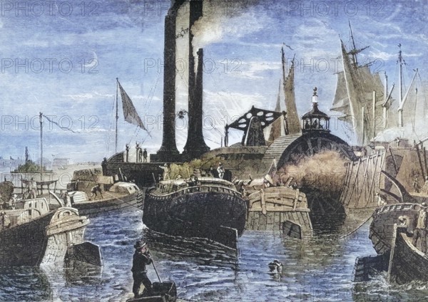 Grain fleet in the harbour of New York in the 1870s, America, digital reproduction from American
