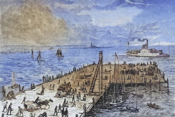 The wharf on Nantucket Island, Massachusetts, in the 1870s, America, digital reproduction from