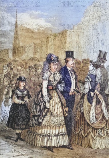 Crowds of people strolling along Fifth Avenue in New York in the 1870s, America, digital