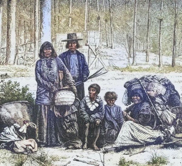 Indian family group west of the Rocky Mountains around 1820, America, digital reproduction from