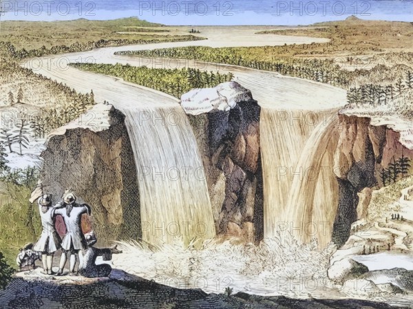 Copy of Father Hennepin's sketch of Niagara Falls from 1677, redrawn in the 1870s, America, digital
