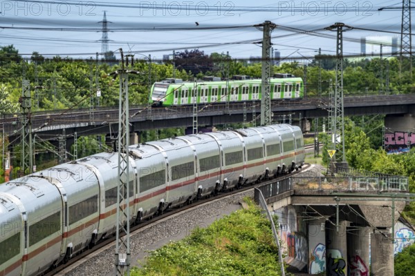 ICE 4 train, S-Bahn train, on the line between Bochum and Dortmund, near Dortmund-Marten,