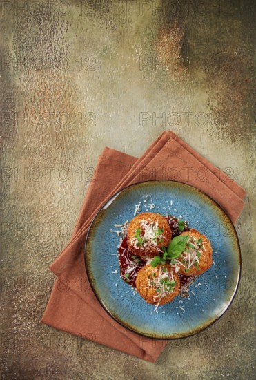 Crispy Arancini appetizer, with parmesan cheese and microgreens, plate, tomato sauce, homemade, no