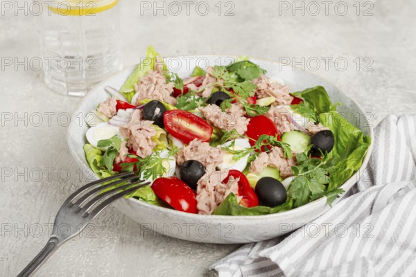 Salad with canned tuna, vegetable salad with quail eggs, lettuce and romaine leaves, red onion,