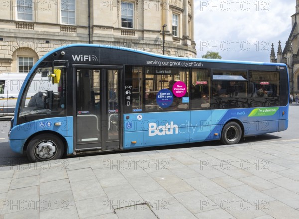 Local single decker First bus to Larkhall, High Street, city of Bath, north east Somerset, England,