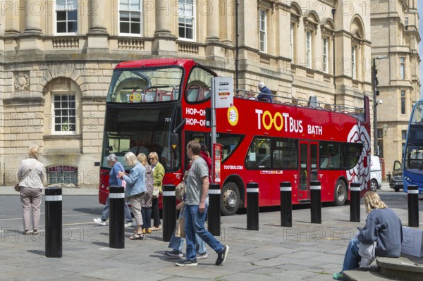 Tootbus Bath open top double-decker tour bus, High Street, city of Bath, north east Somerset,