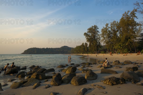 Sandy beach beach with coconut palms, Khlong Chao Beach, sunset, Koh Kood, Koh Kut, Gulf of
