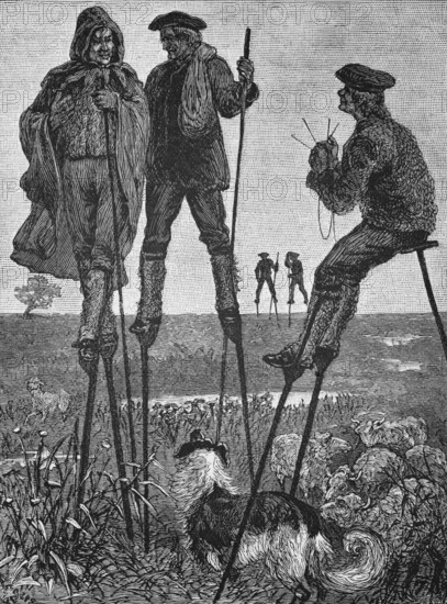 Shepherds on stilts, Landes district, around 1870, south-east France, digital reproduction of a