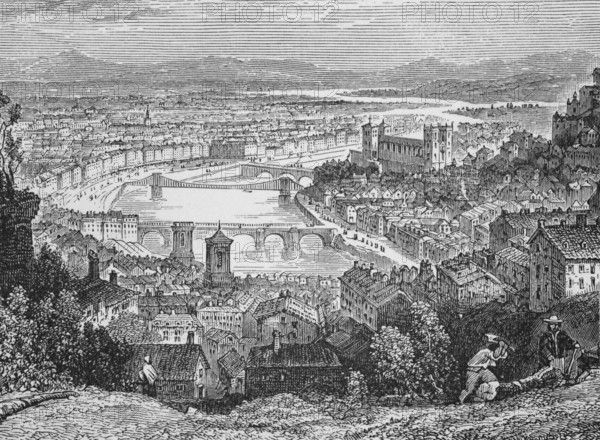 View of Lyon, Rhone-Alpes region, around 1870, France, digital reproduction of a historical model
