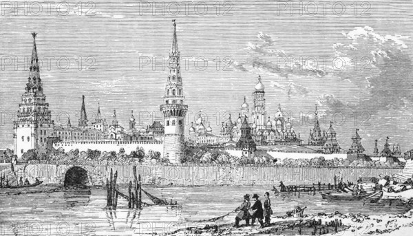 View of the Kremlin, across the Moskva River, c. 1870, Moscow, Russia, digital reproduction of a