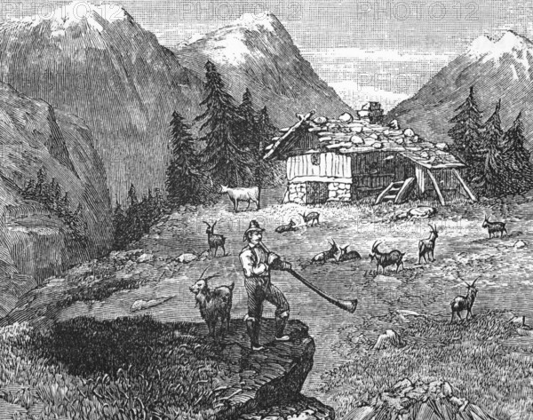 Goatherd playing alphorn, near a chalet in the Alps, around 1870, Switzerland, digital reproduction