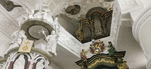 The Evangelical Lutheran St Laurentius Church in Thurnau, the pulpit and the organ, Kulmbach