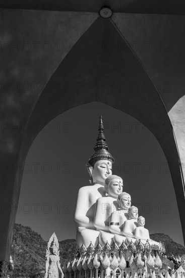 Round arch pavilion, the five-headed Buddha statue in the back, black and white photo, Wat Phra