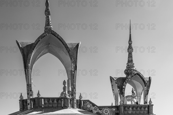 Round arch pavilions decorated with mosaics and glass works of art, black and white photo, Buddhist