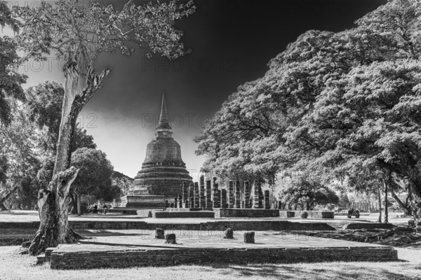 Historic Buddhist temple complex Wat Mahathat, black and white photo, historical park, Sukhothai,