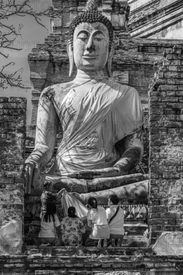 Stone Buddha statue, historic Buddhist temple complex, black and white photo, Ayutthaya, Thailand