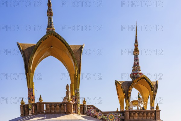 Round arch pavilions decorated with colorful mosaics and glass works of art, Buddhist temple