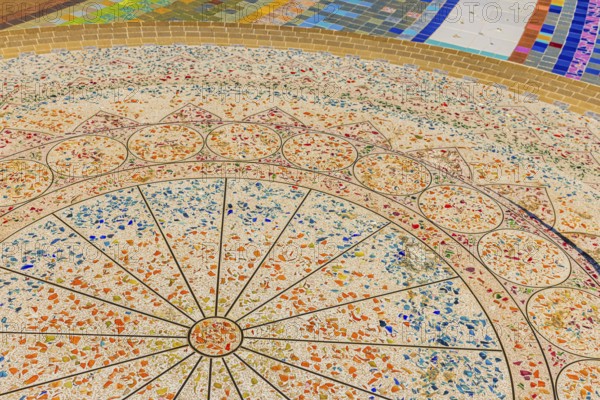 A floor area decorated with colorful mosaic tiles, Buddhist temple complex Wat Phra That Sorn Kaew,
