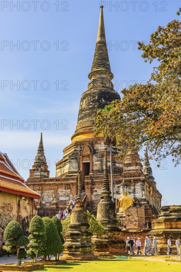 High temple tower, Prang, historic Buddhist temple complex, Ayutthaya, Thailand