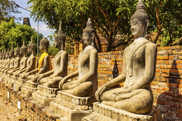 Stone Buddha statues sitting in a row, historic Buddhist temple complex, Ayutthaya, Thailand
