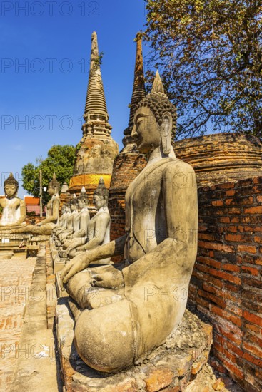 Stone Buddha statues sitting in a row, two temple towers in the back, Prang, historic Buddhist