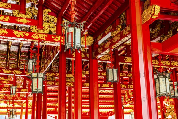 Roof structure with red beams and golden decorations, Wehat-Chamrun Residence, Thai King's Summer