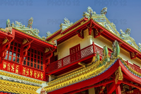 Roof structure with red beams, Wehat-Chamrun Residence, Thai King's Summer Palace, Bang Pa-In, near