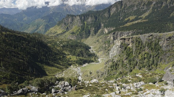 Wide valleys surrounded by high mountains and dense vegetation on the Manali-Leh Highway, Trekking