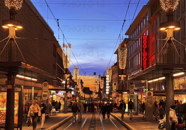 The Christmassy illuminated Bahnhofstraße on a Sunday evening, Witten, Ruhr region, North