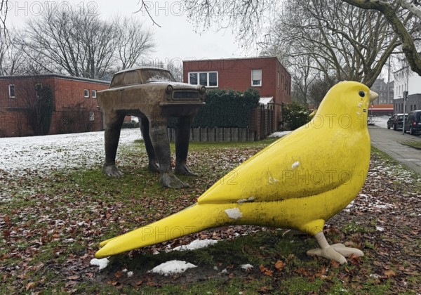 Very large yellow canary and trobant sculpture by David Cerny' at the Holy Spirit Church, Kunstraum