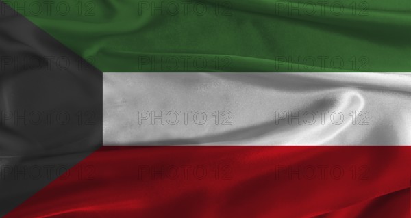 Flag of Kuwait with fabric textured background. Close up of National flag of Kuwait with realistic