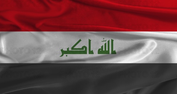 Flag of Irak with fabric textured background. Close up of National flag of Irak with realistic