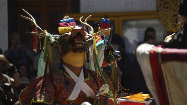 Person wearing painted animal mask with antlers and traditional garments in festive ceremony in