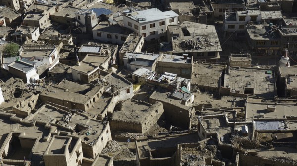 Close-up of traditional Tibetan-style houses built close together, Leh, trekking in Ladakh,