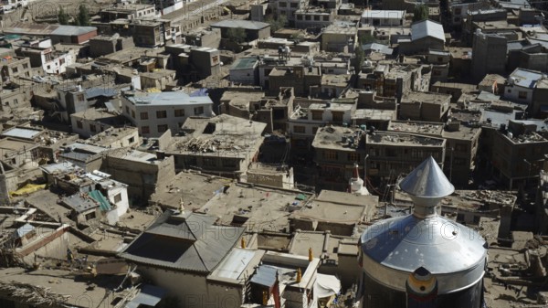 A variety of traditional buildings in a Tibetan village seen from above, trekking in Ladakh,