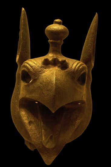 Bronze griffin protome, golden sculpture of a mystical animal head with detailed features, Olympia