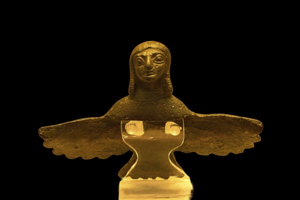 Winged female bronze figure, handle attache, golden statue with human figure and spread wings,