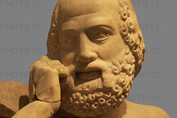 Head of the statue of the Seer, east pediment of the Temple of Zeus, preparations for the chariot