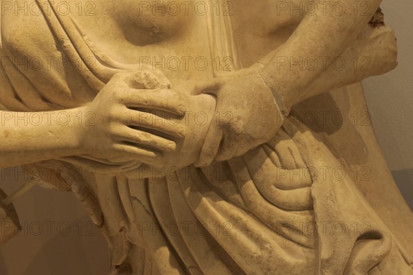 West pediment of the temple of Zeus, centauromachy, close-up of an ancient marble sculpture with