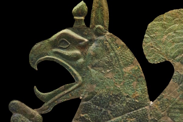Section of a monumental bronze sheet, griffin, complex bronze sculpture of a mythological being