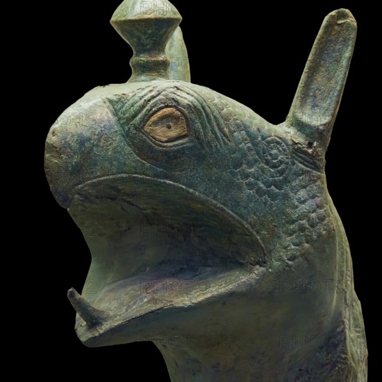Bronze griffin protome, green-brown bronze depiction of an imaginary being with fine scale