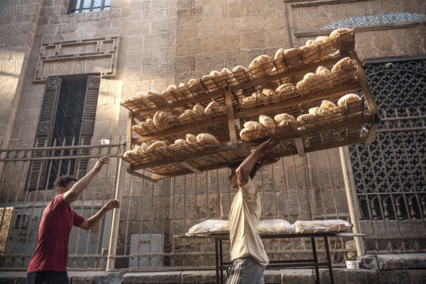 Cairo, Egypt. July 3rd 2024 Freshly baked Baladi bread being delivered by bicycle to a street stall