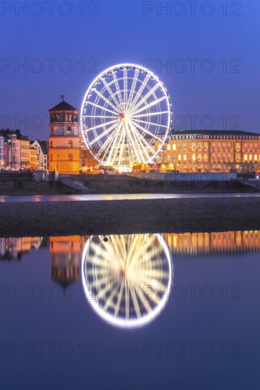 Banks of the Rhine, Castle Tower and Ferris Wheel, Düsseldorf, North Rhine-Westphalia, Germany