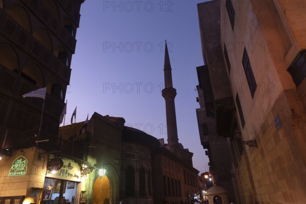 Cairo, Egypt. July 2nd 2024 The streets of Islamic Cairo at night, antique shops and mosque