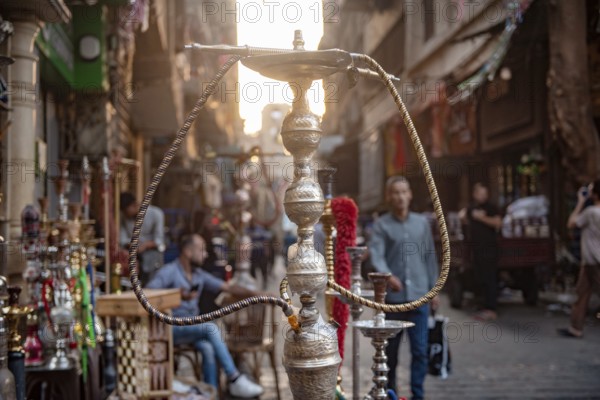 Cairo, Egypt. July 3rd 2024 A shishsa water pipe on display in the busy Khan El Khalili Bazaar