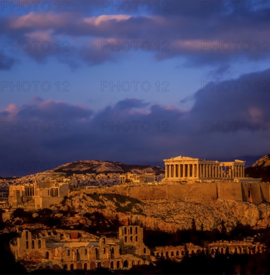 Acropolis, general view from south, sunset with dark clouds, Athens, Greece
